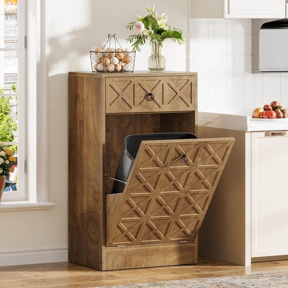 Tribesigns 13 Gallons Tilt Out Trash Can, Hidden Garbage Can Cabinet with Drawer for Kitchen Living Room, Rustic Brown