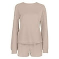 thumbnail image 4 of Scyoekwg Women Tracksuits 2 Piece Set Solid Color Fall Outfits Crewneck Long Sleeve Sweatshirts Shorts Sports Outfits Casual Fashion Loose Tracksuit Set (Beige,L), 4 of 7