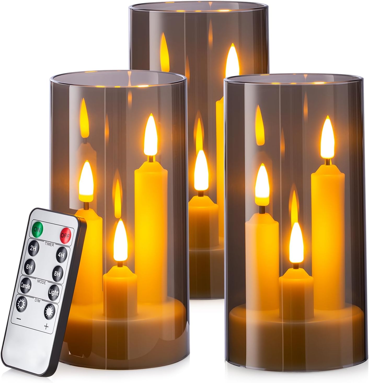 Hausware 3-in-1 Flameless LED Taper Candles with Remote – Battery Operated, Realistic & Portable Candles Set,3-Pack,Durable Indoor/Outdoor Decor (Gray)