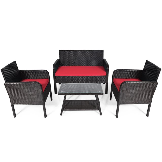 Topbuy 4 Pièces Patio Canapé en Rotin Ensemble de Conversation Ensemble avec Table en Verre Trempé Rouge