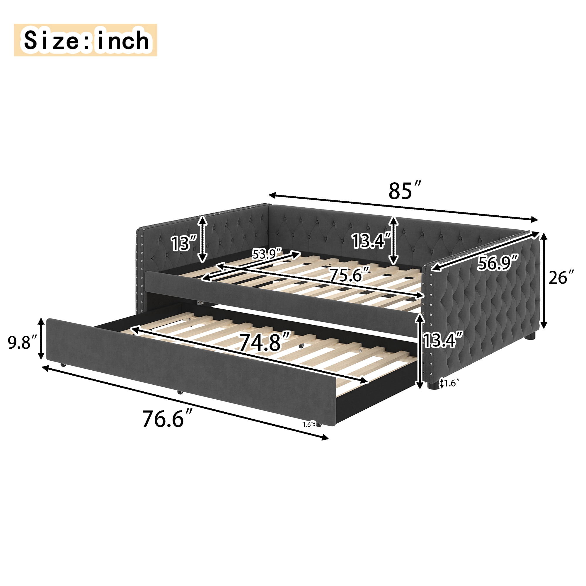 Full Size Upholstered Daybed with Trundle,Tufted Sofa Bed with Button & Copper Nail on Square Arms,Gray