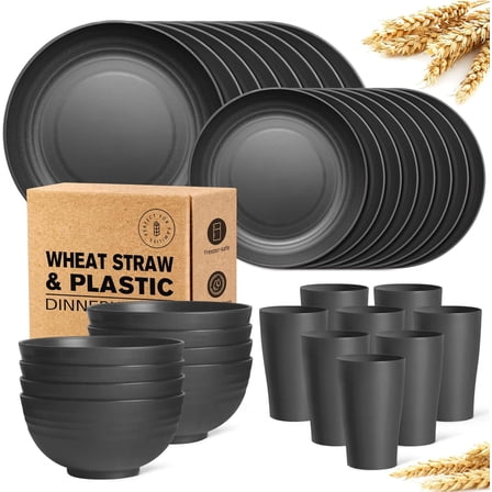 32-Piece Wheat Straw Dinnerware Set, Service for 8, Unbreakable Plates, Bowls & Cups, Eco-Friendly, Dishwasher Safe, for Camping, Apartments, Black