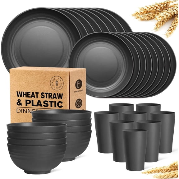 32-Piece Wheat Straw Dinnerware Set, Service for 8, Unbreakable Plates, Bowls & Cups, Eco-Friendly, Dishwasher Safe, for Camping, Apartments, Black