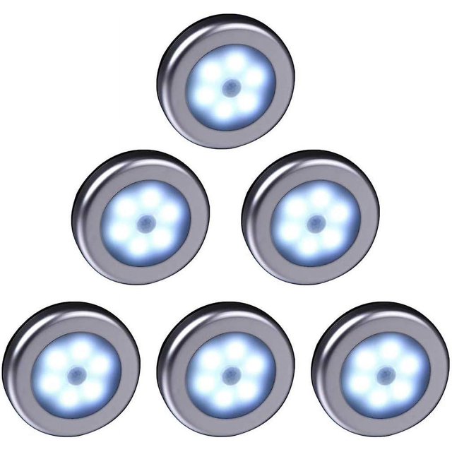 Luz LED con sensor de movimiento inalámbrico para armario, escaleras, pasillo, cocina, dormitorio (6 piezas) (carcasa plateada (luz blanca))