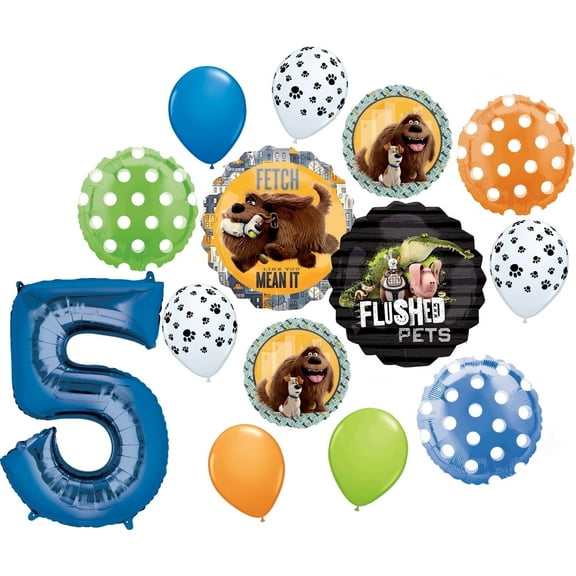 Secret Life of Pets Party Supplies 5th Birthday Max and Duke Balloon Bouquet Decorations Blue Number 5