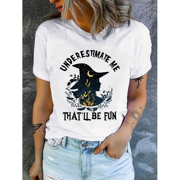 Witchy Fun Halloween Graphic Tee for Women - Casual Crew Neck, Short Sleeve, Polyester Blend, Machine Washable - Perfect Spring/Summer Top