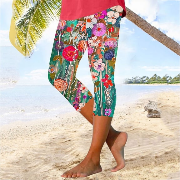Aboser Womens Vintage Boho Capri Pants Floral Printing Yoga Leggings Slim Fit Knee Length Crop Pants Summer Cozy High Waisted Tight Pants