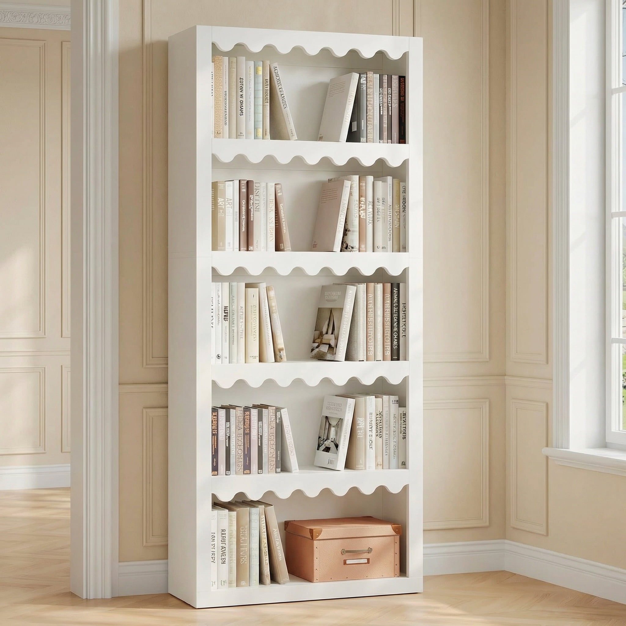 Fnova 5-Tier Open Bookcase, 70" Tall Bookshelf with Scalloped Edges, Modern Display Shelves Storage Organizer for Living Room, Home Office, White