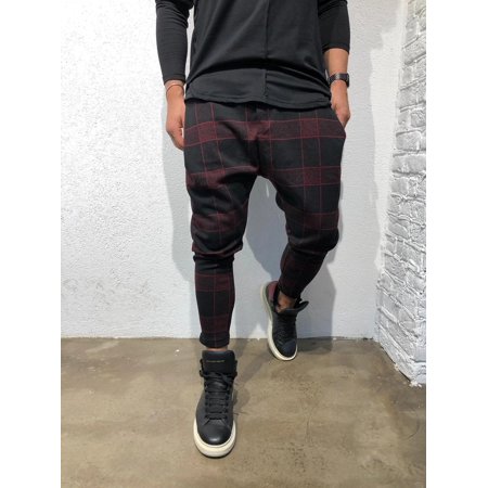 Mens Casual Slim Fit Plaid PANTS Straight Leg Trousers Pencil Jogger Cargo Pants Color Red Size M