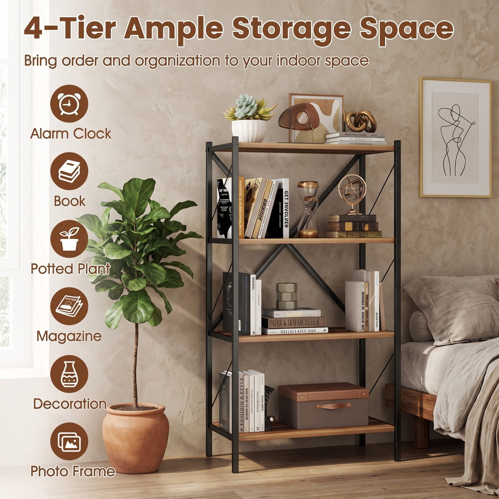Furnibear 4-Tier Bookshelf with Heavy-Duty Metal Frame, X-Braced Freestanding Storage Bookcase Organizer Plant Stand for Living Room Bedroom Home Office, Walnut
