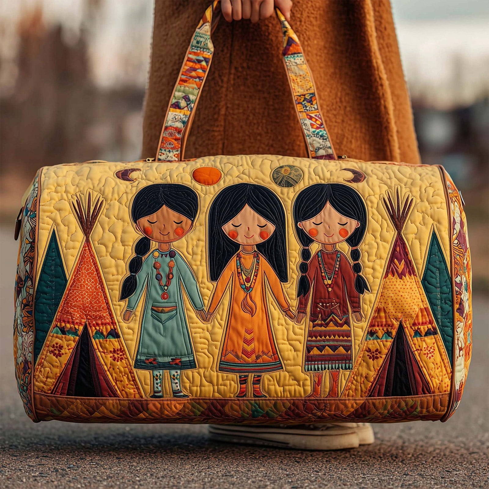 Quilted Hippie Van Duffle Bag with Adjustable Strap - Large Bohemian Travel Tote for Yoga Festival Gym Workout, Artistic Patchwork Carryall for Dance & Overnight Trips