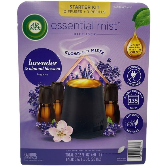 Air Wick 3300832 Essential Mist Kit, 1 Diffuser with 3 Refills, Lavender & Almond Blossom, Cordless Design