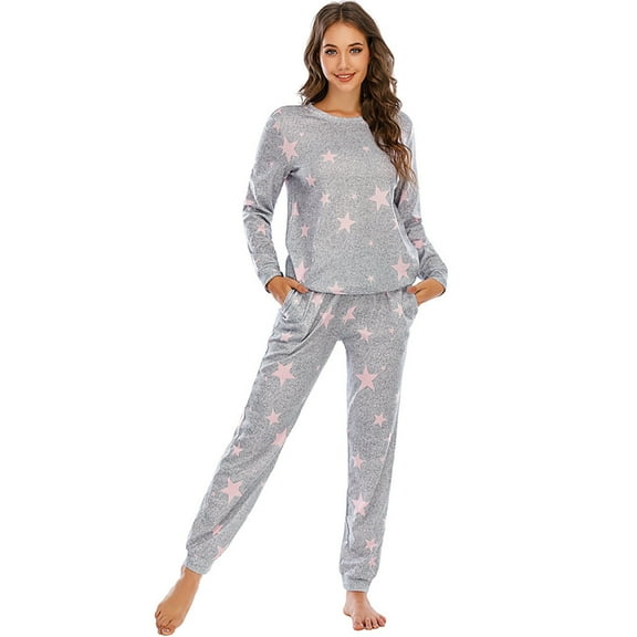 YIGSECU Women Star Print Pajamas Set Long Sleeve Top and Drawstring Pants with Pockets