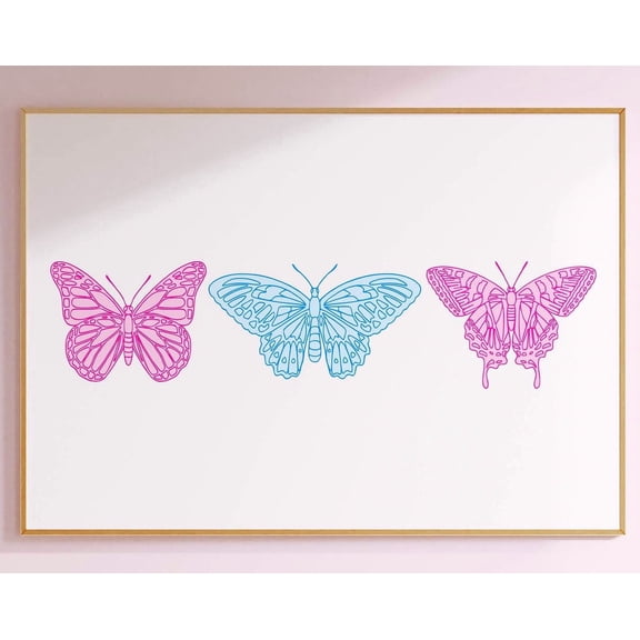 Butterflies Light Pink Wall Art Blue Dorm Room Decor, Cute Girly Wall Art Light Pink Room Decor, Horizontal Wall Art Preppy Y2K Room Decor Wall Art, Modern Wall Decor, 8x12 UNFRAMED