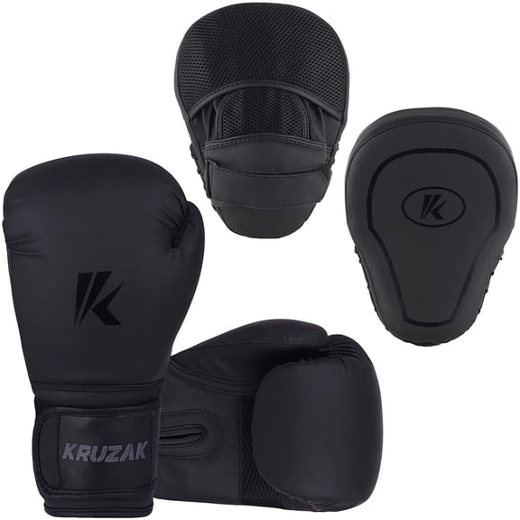 Kruzak Adult Matte Training Synthetic Leather Boxing Gloves Kit and Focus Pads for MMA Training, Black, 10 oz, 2 Piece