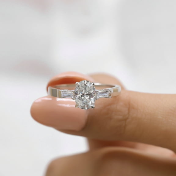 VINSON 1.50 Carat Oval Moissanite Diamond Engagement Ring - Oval and Tapered Baguette Luxury 3 Stone Ring - Mother's day Gift
