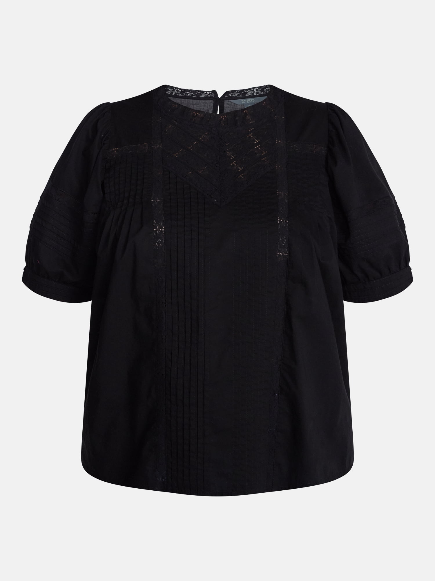 Terra & Sky Women's Plus Lace Trim Swing Top with Elbow Length Puff Sleeves, Sizes 0X-5X