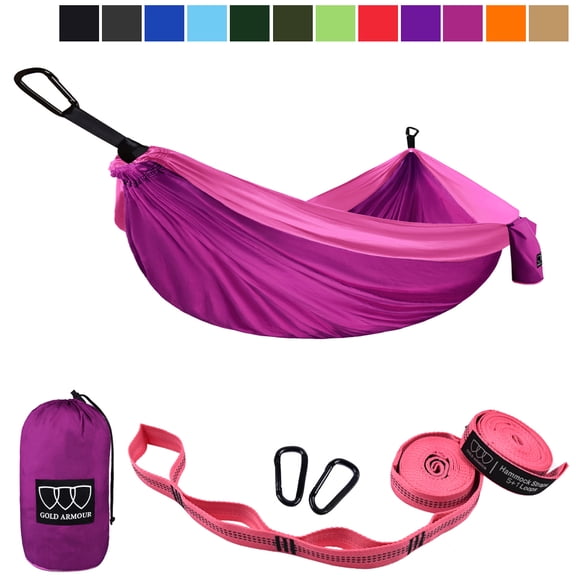 Gold Armour Camping Hammock - Single Parachute Hammock, USA Brand Lightweight Nylon Portable Adult Kids Best Accessories Gear (Fuchsia & Pink)