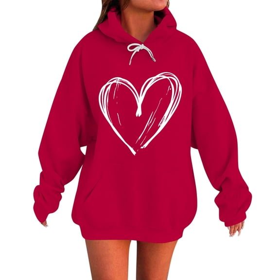 Dagegui 2026 Hoodies for Women Fall Hooded Sweatshirts Casual Heart Printed Long Sleeve Pullover Fall Winter Oversized Tops with Pocket Red S