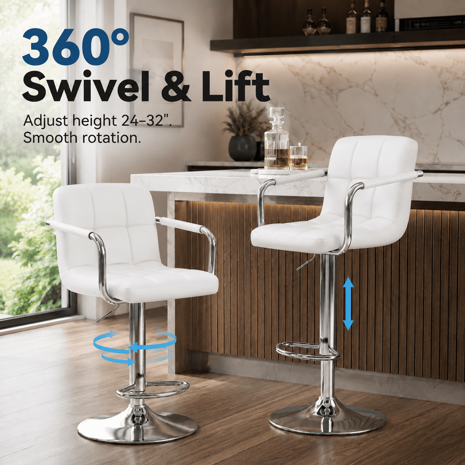 Alvantor 2-Pack Bar Stools, PU Leather Height Adjustable Swivel/ Arms Barstools, Hydraulic Kitchen Counter Height Bar Chairs, Made of Waterproof Polyurethane Leather Material