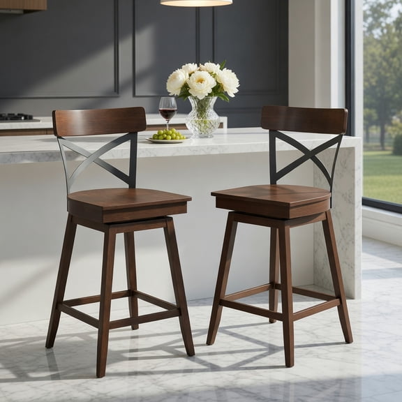 Resenkos Set of 2 Wooden Swivel Bar Stools with Open X Back and Footrest-24 inches, Bar Height Stools, Bar Stools for Kitchen Island for Kitchen, Dining Room