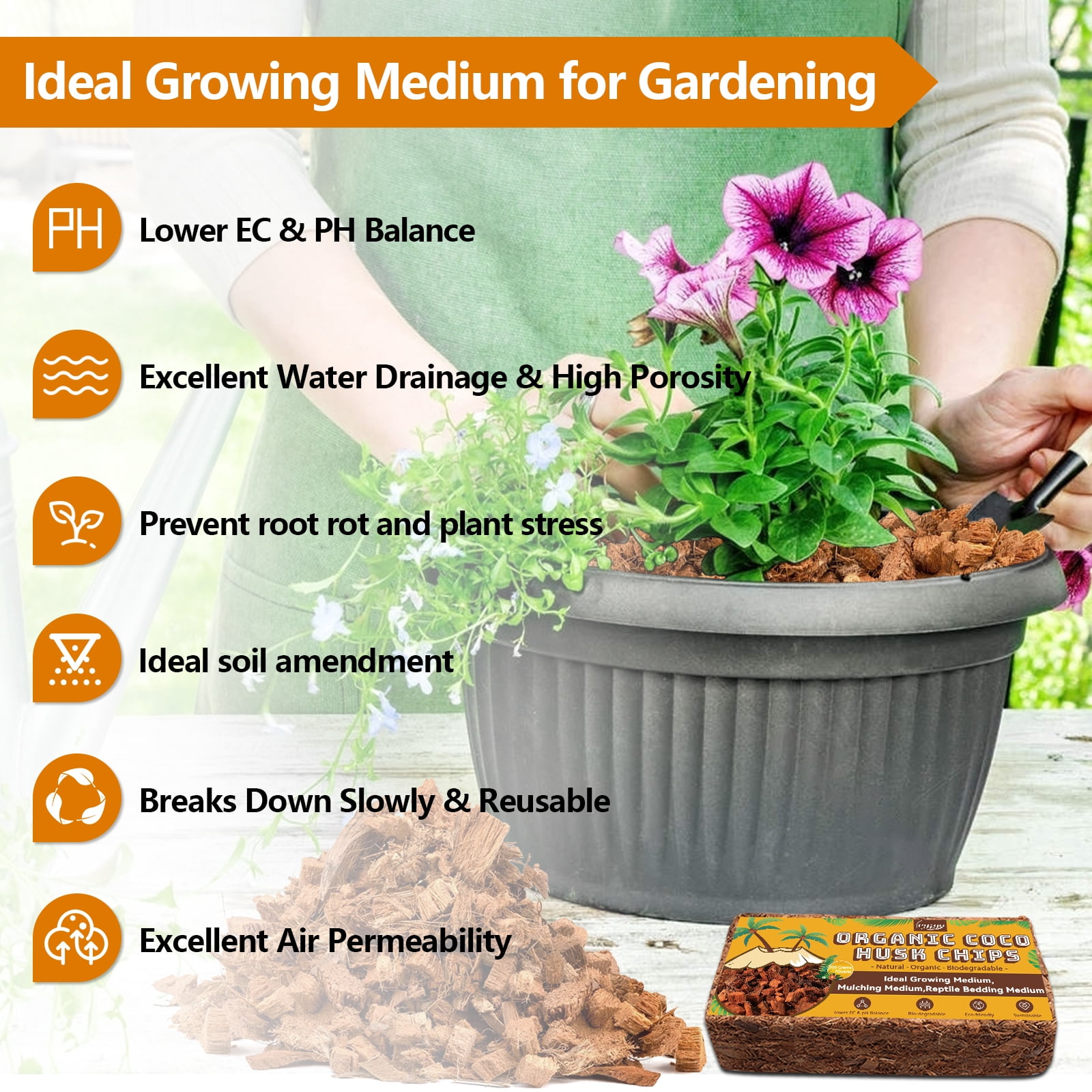 10 pack Coco Husk Chips- 100% Organic Coconut Coir Chips Brick Potting Soil Mix with Low EC & PH Balance, Compressed Coconut Substrate Coco Chips Mulch Medium for Garden, Flowers, Plants