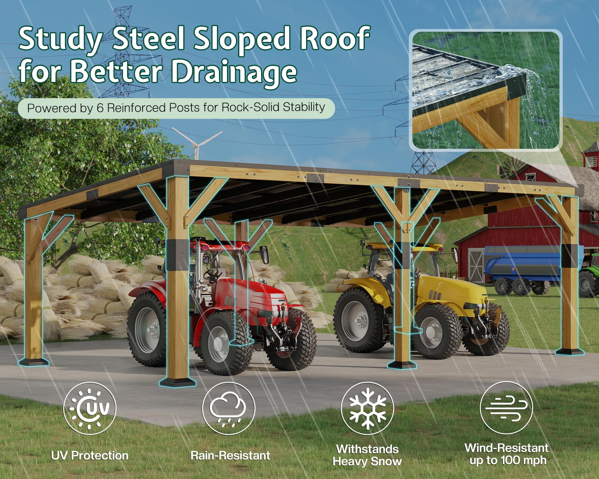 Jocisland 12x24x8.2 FT Cedar Wood Carport for 2 Cars, Heavy Duty Canopy Carport with Sloped Galvanized Steel Roof for All Weather