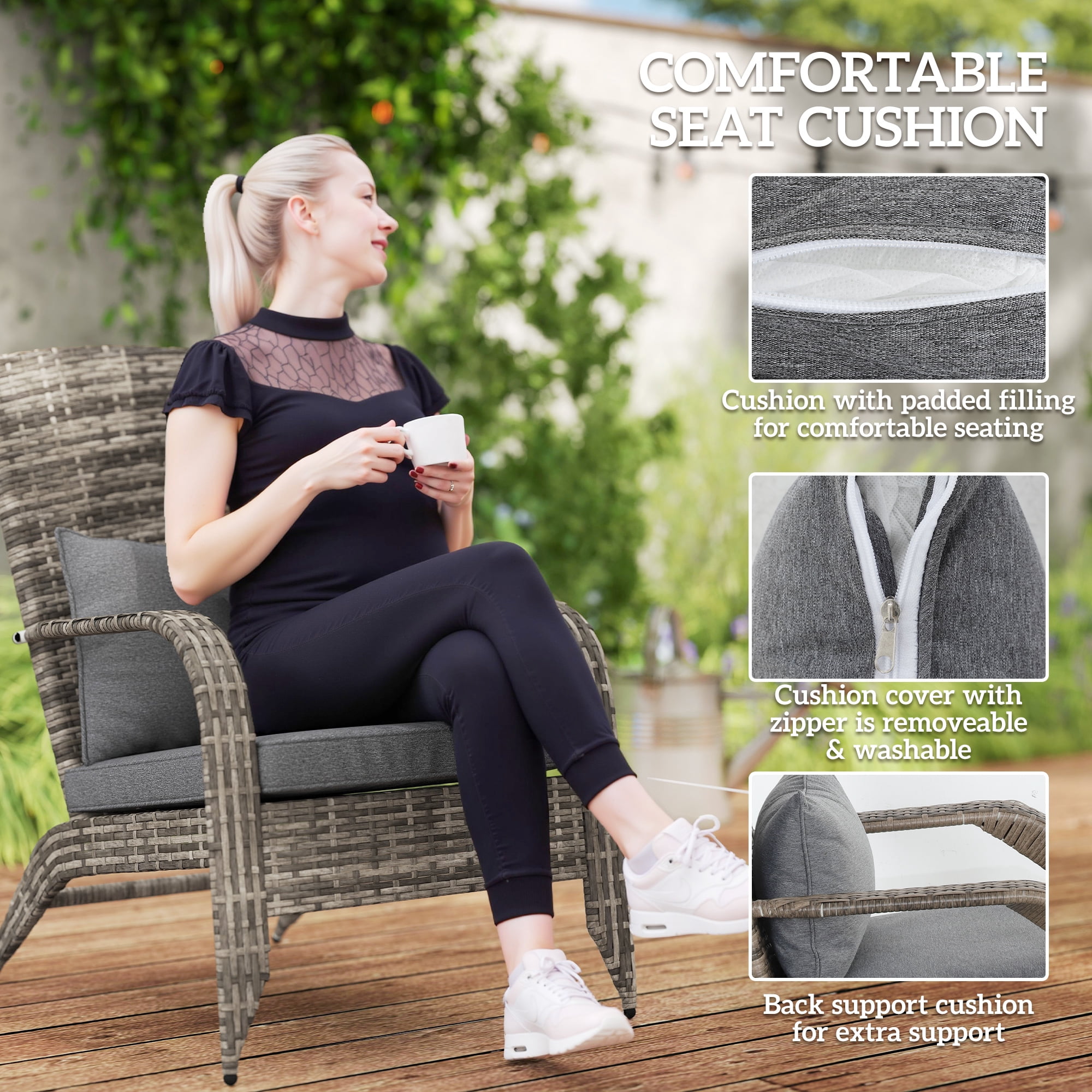 Patio Wicker Adirondack Chair with Ottoman, Outdoor Fire Pit Chair with Cushions, High-Back, Large Seat & Armrests for Deck, Garden & Backyard, Gray