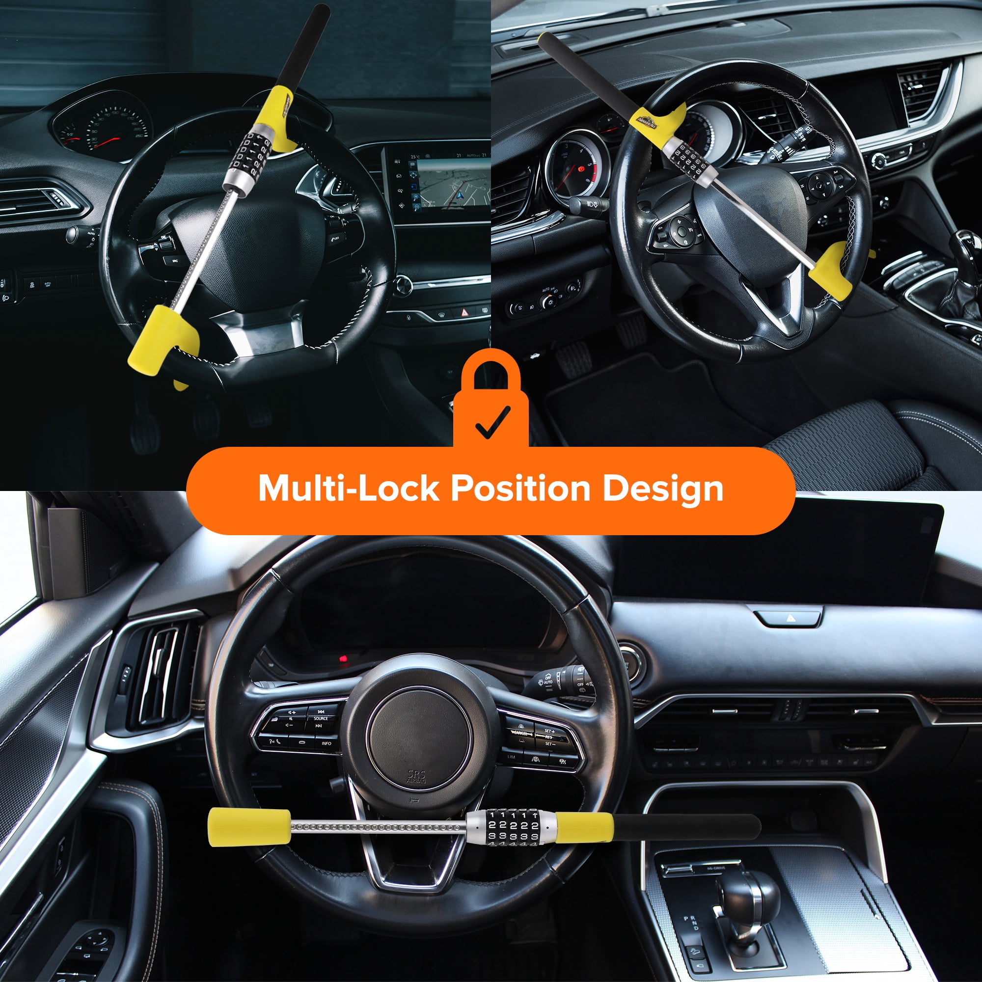 Armor All Combination Steering Wheel Lock, Keyless 5-Digit Anti-Theft Car Security Bar, Universal Fit for Cars, SUVs, Vans & Trucks, Yellow