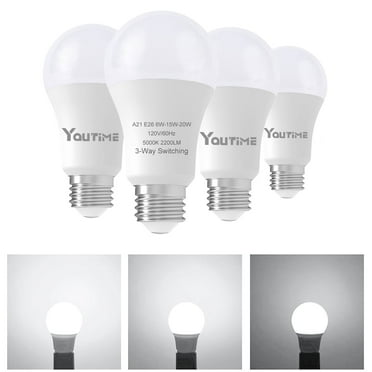Youtime 3 Way led Light Bulbs 50 100 150 Watt Equivalent 5000K Daylight,A21 6/15/20w Three Way Light Bulbs, 500 1600 2200 Lumens, E26 Base, 4Pack