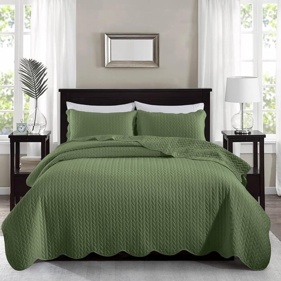 Twin Quilt Set (66" x 86") with 1 Pillow Sham for All Seasons - 2 Pcs Reversible Bedding Set Lightweight Microfiber Coverlet Embossed Pattern Quilted Bedspread (Olive Green)