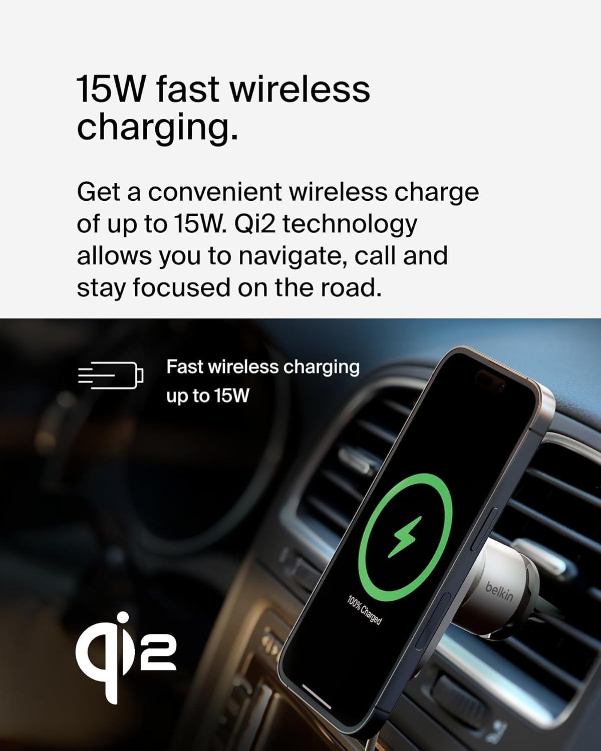 Open Box Belkin Wireless Car Charger 15W - MagSafe-Compatible Magnetic iPhone Charger - Qi2 Wireless Charger, Magnetic Car Vent Phone Mount for iPhone 16, iPhone 15, iPhone 14, 13, 12 Series - Grey