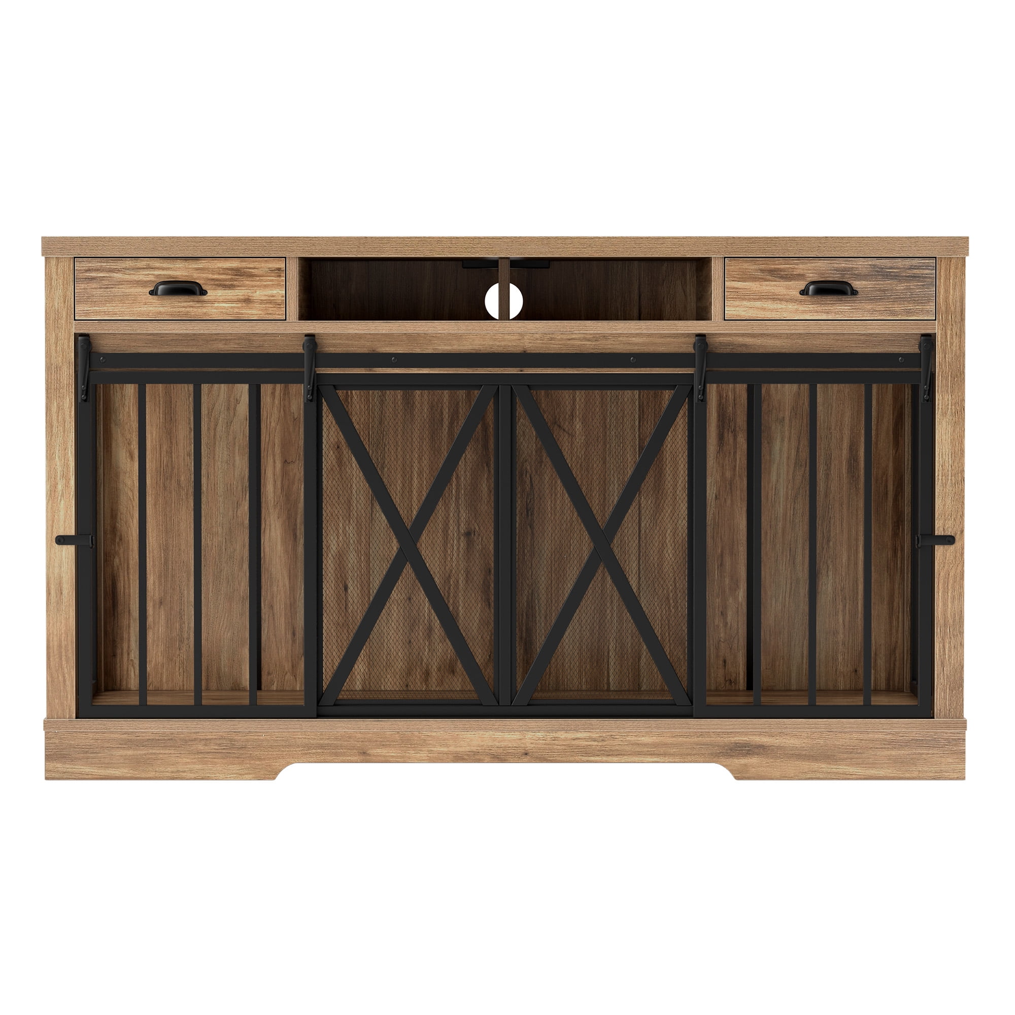 ModFusion 63" Vintage Brown TV Stand & Dual Dog Crate with Power Station – Fits 2 Dogs (15-30 lbs), Metal & Wood Design