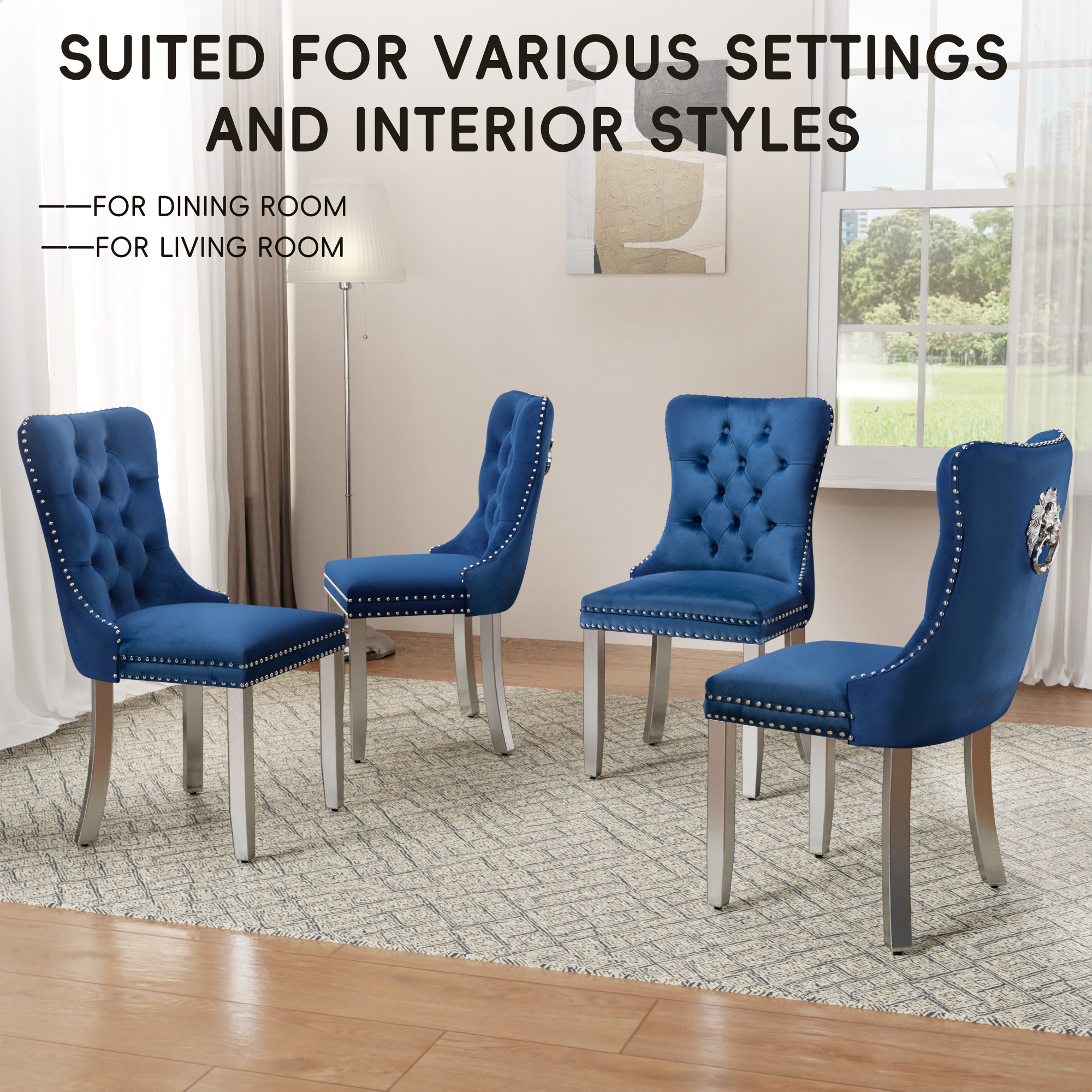 DONICK Velvet Upholstered Dining Chairs,Wing Back Side Chair Tuft Nailhead Ring Pull Metal Legs(Blue,Silver Legs,Set of 2)