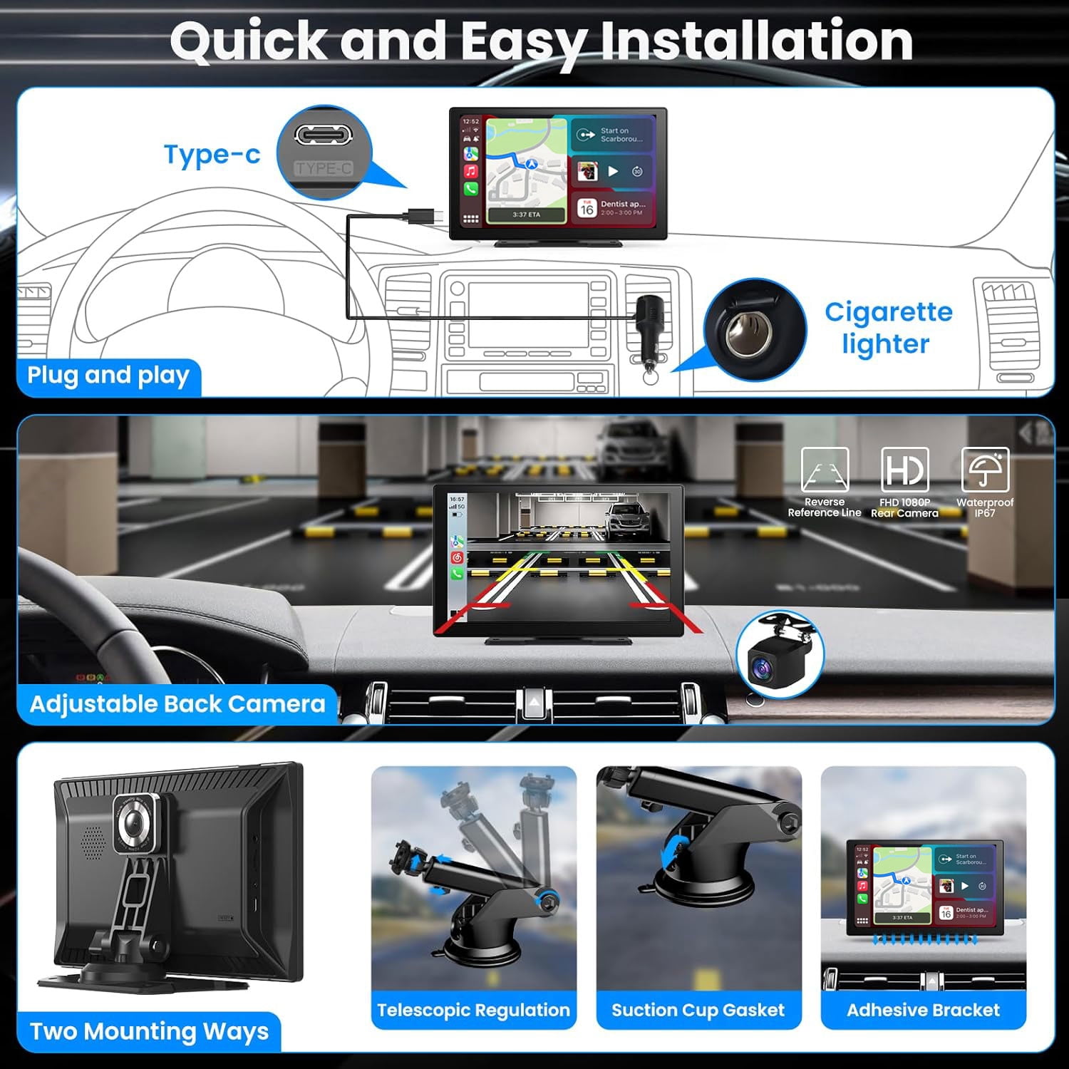 Portable Car Stereo, Wireless 9 Inch Touch Screen Apple Carplay & Android Auto with 2.5K Dash Cam, 1080P Rear Camera, Car Audio Receiver/FM/Bluetooth