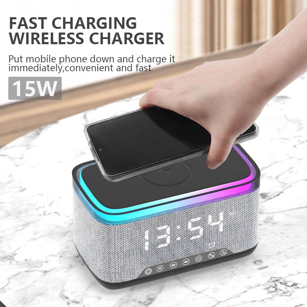 Wireless Charger,15W Fast Desk Wireless Charger Station for iPhone 17-12 Pro Max Plus Phone Wireless Charger with Bluetooth Stereo Speaker,Digital Clock Alarm,Colors Night Light
