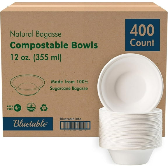 Paper Bowls Disposable 12 oz. , Compostable Bagasse Bowl [400 Pack] Bulk Case, Made from 100% Sugarcane, Biodegradable