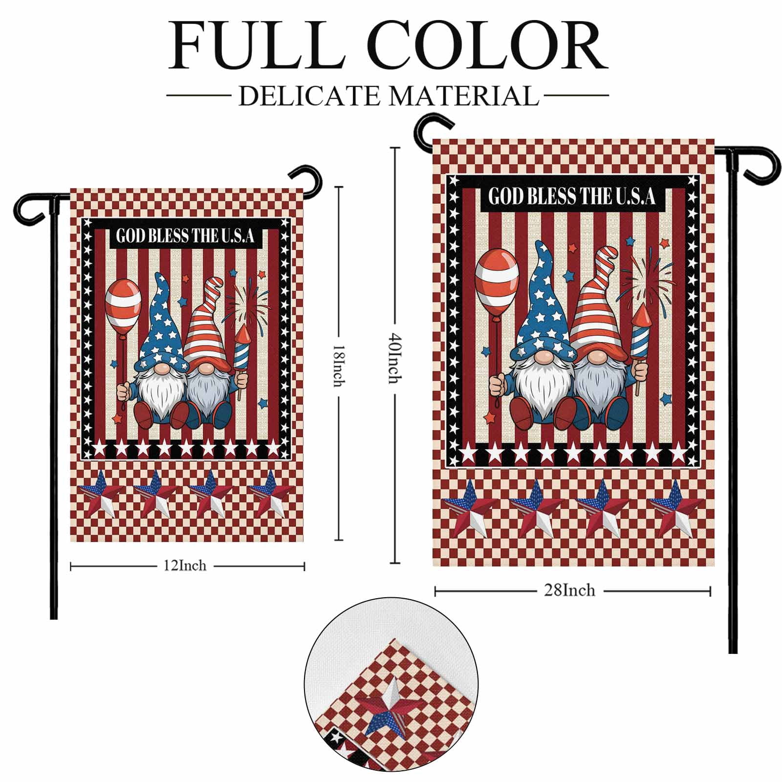 4th of July Garden Flags Patriotic Stars Stripes Garden Flag Double Sided Welcome Flag Gnomes God Bless USA Independence Day Yard Flags for Outdoor Lawn Porch Memorial Day Holiday Decor 28x40 Inch