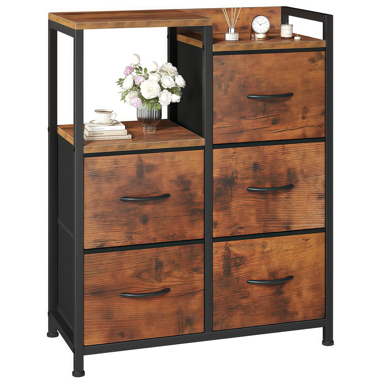 BEAUTYPEAK 5 Drawer Fabric Dresser Storage Chest with 2 Tier Open Shelf Wooden Top, Rustic Brown
