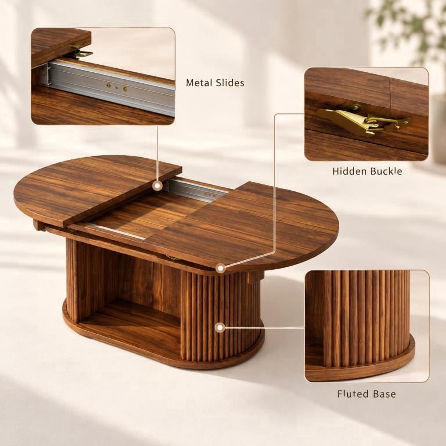 Lacoo Extendable Oval Coffee Table with Storage, Fluted Base with Cubby for Living Room, Den, Brown