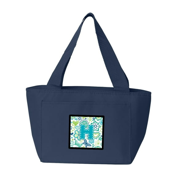 Letter H Flowers and Butterflies Teal Blue Lunch Bag