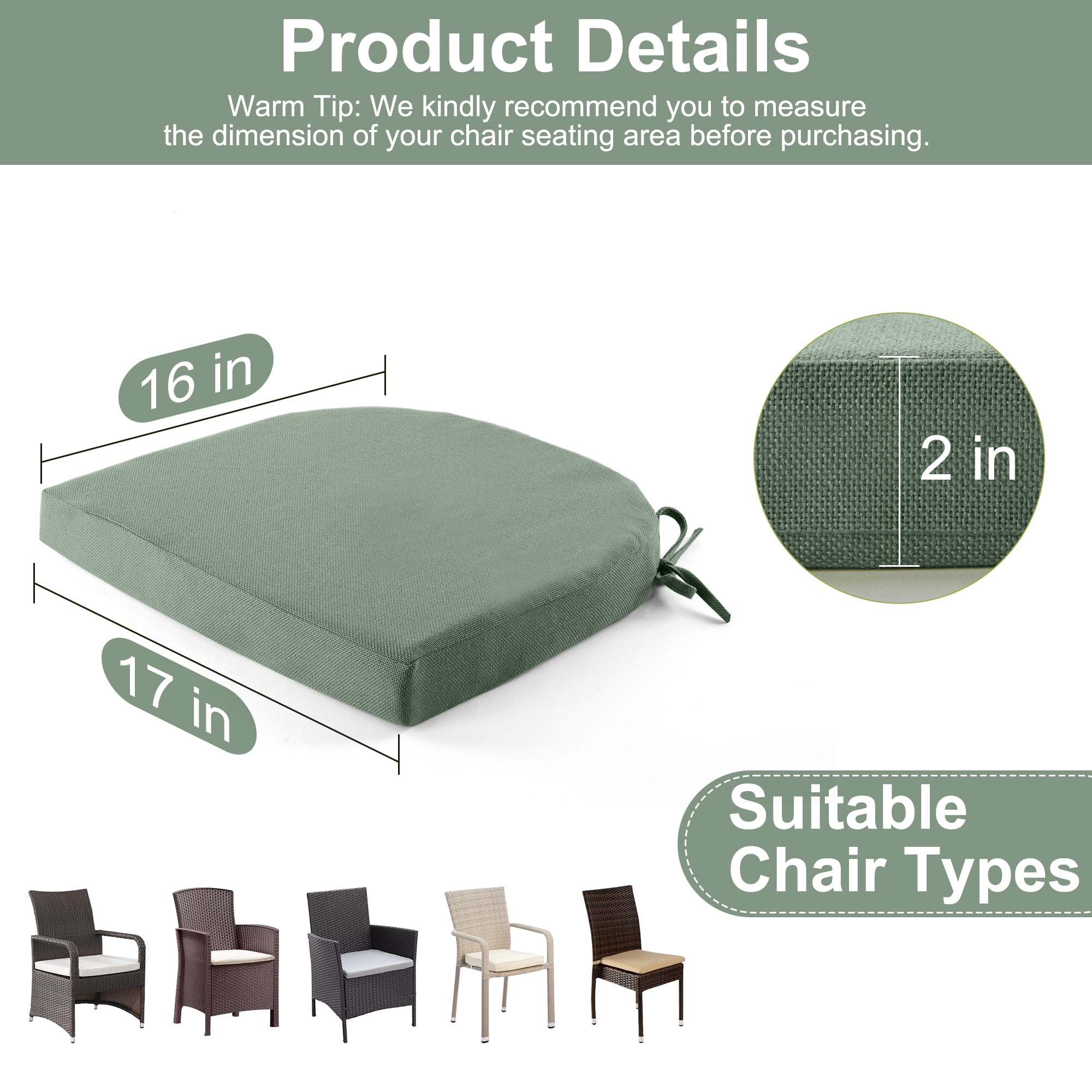 Panpaddle Patio Chair Cushions Set of 4, Waterproof Seat Cushions with Ties for Outdoor Furniture, Garden, Deck & Backyard, Green, 17" x 16" x 2"