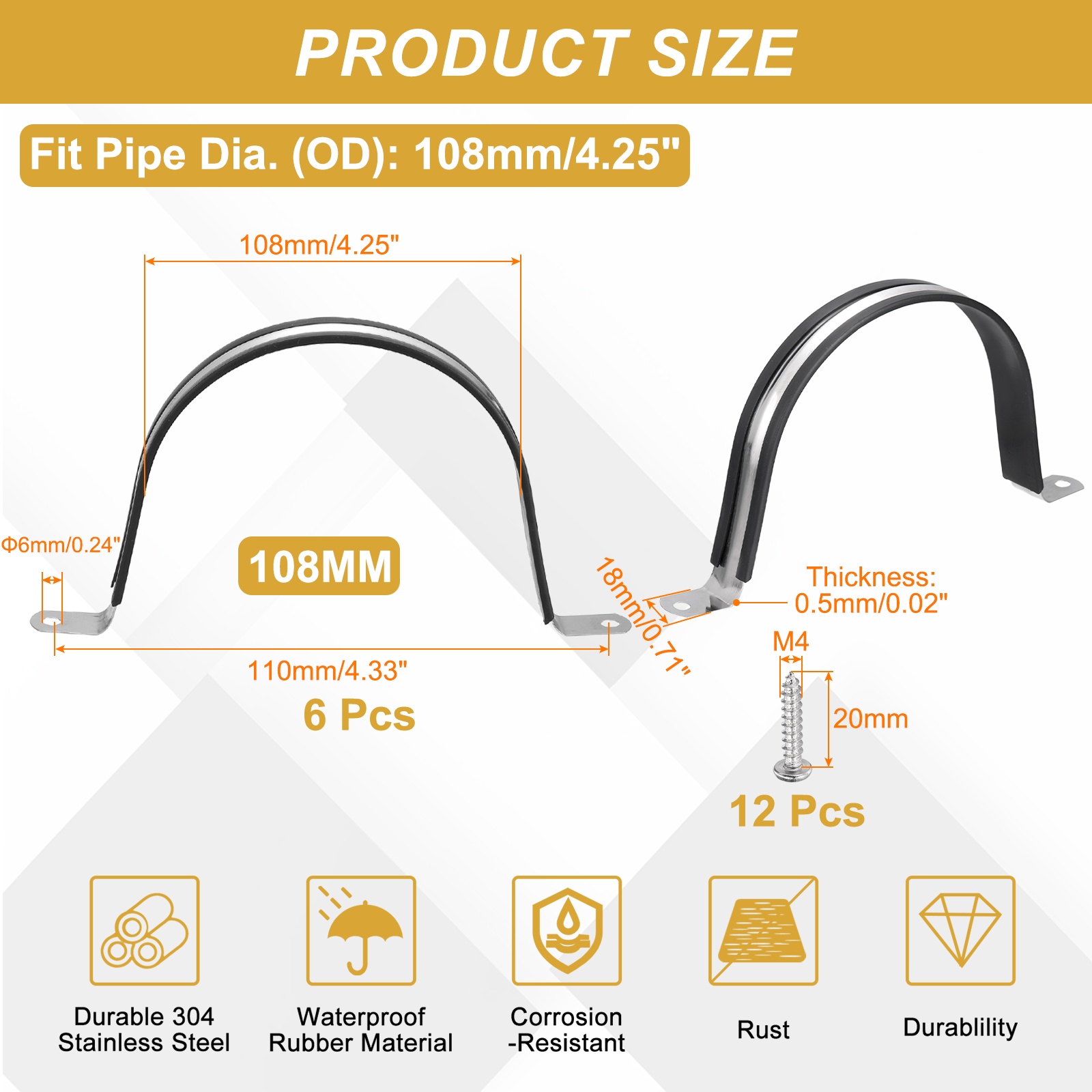 Uxcell 6Pcs 108mm(4-1/4") Cable Clamp, 304 Stainless Steel Rubber Coated Cushion Insulated Cable Clamps U Holder Pipe Strap with M4x20mm Screws for Tube Hose Wire Installation, Black