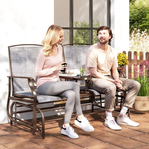 Outsunny 2-Person Outdoor Glider Bench w/ Center Table, Steel Frame for Backyard Garden Porch, Gray