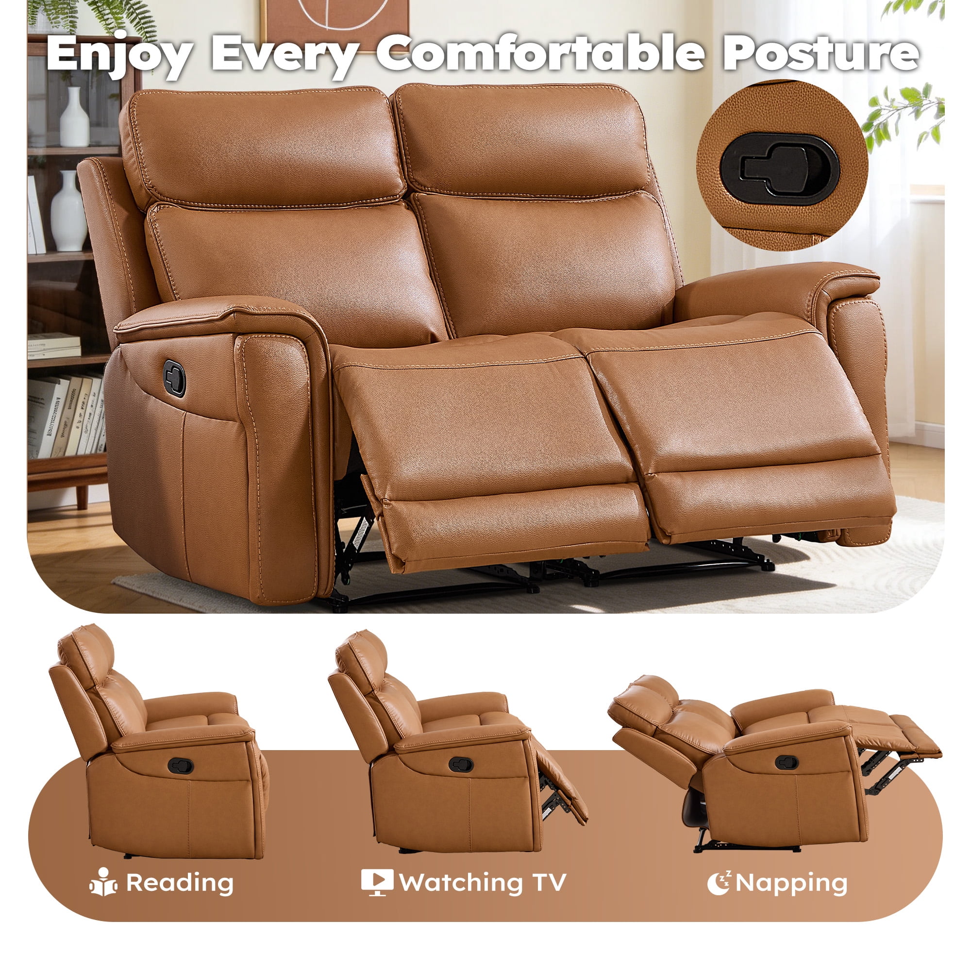 Ebello 2-Seater PU Leather Manual Recliner Sofa - Wall Hugger Loveseat with Hidden Cup Holder, Overstuffed Arms and Back, Reclining Couch for Small Spaces, Brown