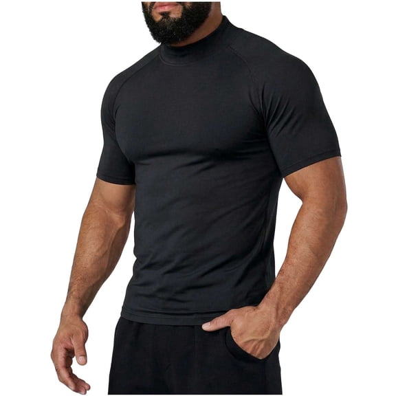 Mens Shirts Short Sleeve, Compression Shirt Men Mock Turtleneck Short Sleeve Athletic Workout Muscle Tee Shirts Summer Gym Running Undershirts