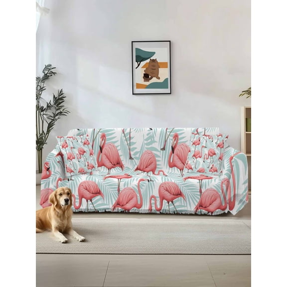 Pink Flamingo Couch Cover, Blue Summer Tropical Plants Leaves Sofa Cover Blanket for 1 Seat Cushion, Sectional Sofa Slipcover Furniture Protector for Living Room Bedroom 71''x91''