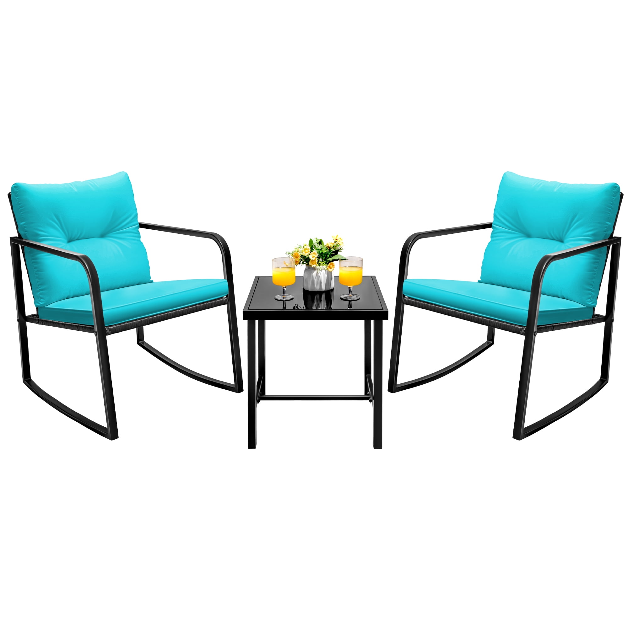 Devoko 3 Pieces Rocking Patio Furniture Sets Outdoor Rocking Chair PE Rattan Bistro Rocker Conversation Sets with Coffee Table for Garden,Blue