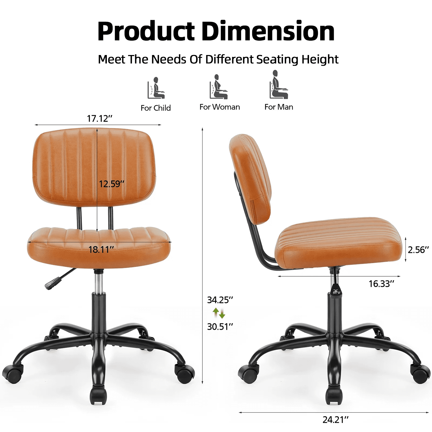 LIFERECORD PU Leather Armless Home Office Desk Chair, Small Ergonomic Task Chair for Adults and Students, Low Back Seating with Swivel, Adjustable Height, Rolling Wheels, Brown