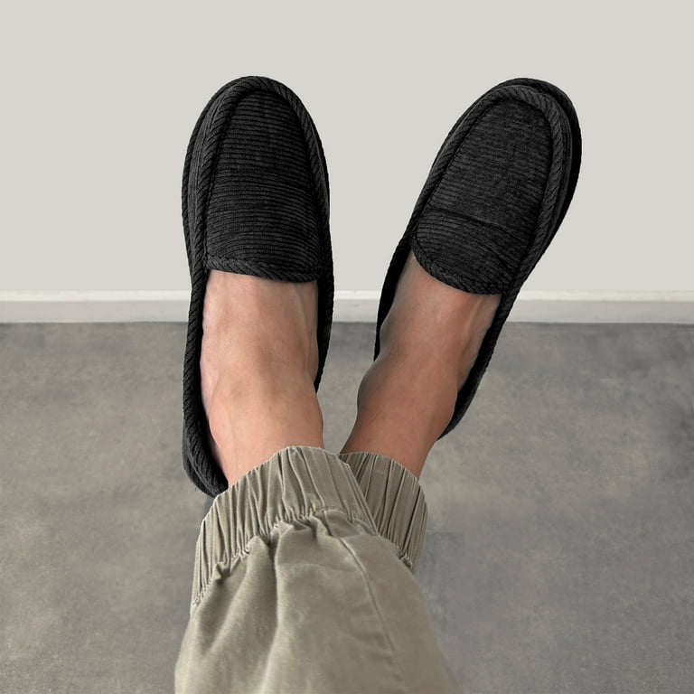 SLM Men's Corduroy Slippers Black Moccasin House Shoes Bedroom Slip On 